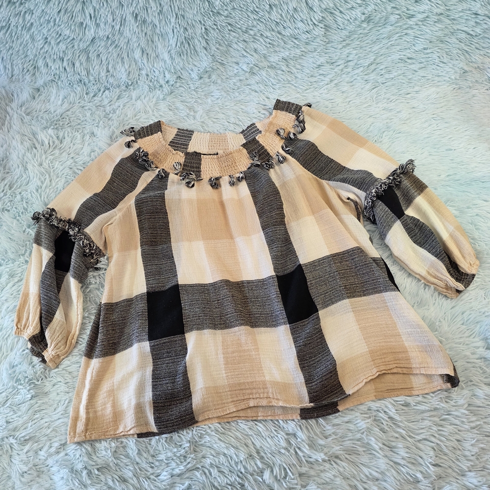 Soft Surroundings Plaid Smocked Ruffle Neck‎ Tunic Blouse L